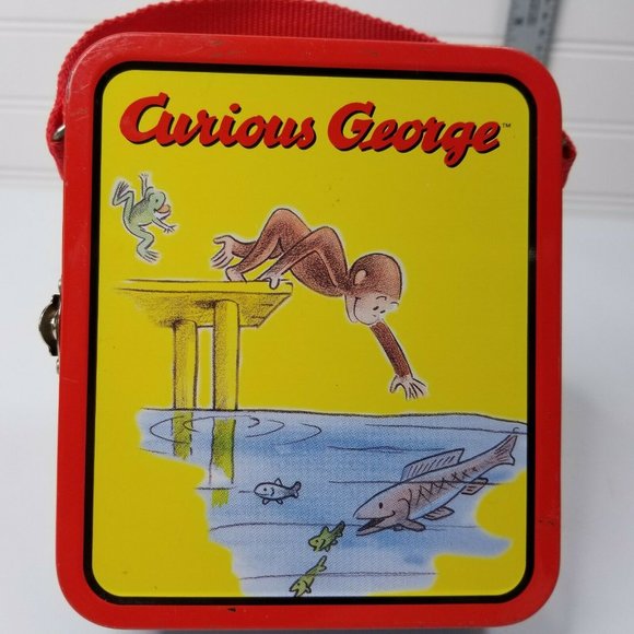 Vintage Mini Metal Lunchbox Curious George Fishing Theme Case Woven Handle - Picture 3 of 10